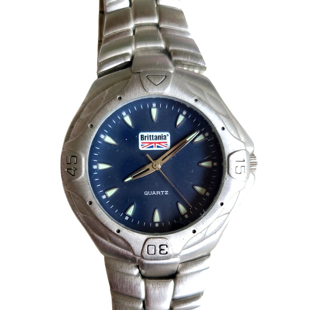BRITANNIA Mens Watch New Battery 8” Silver Band Blue Dial